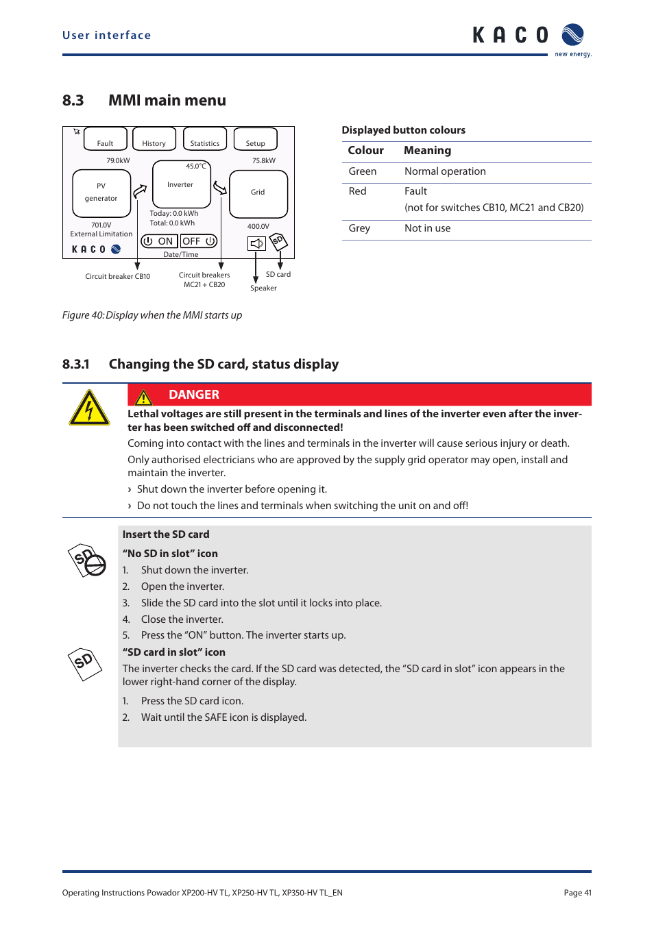 3 mmi main menu, Mmi main menu, 1 changing the sd card, status display | Danger | KACO Powador XP200-HV TL User Manual | Page 41 / 90