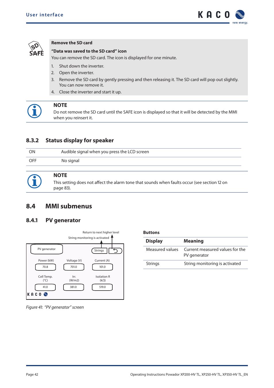 4 mmi submenus, Mmi submenus, R (see sec | R (see section 8.3.2 on, Safe, 2 status display for speaker, 1 pv generator | KACO Powador XP200-HV TL User Manual | Page 42 / 90