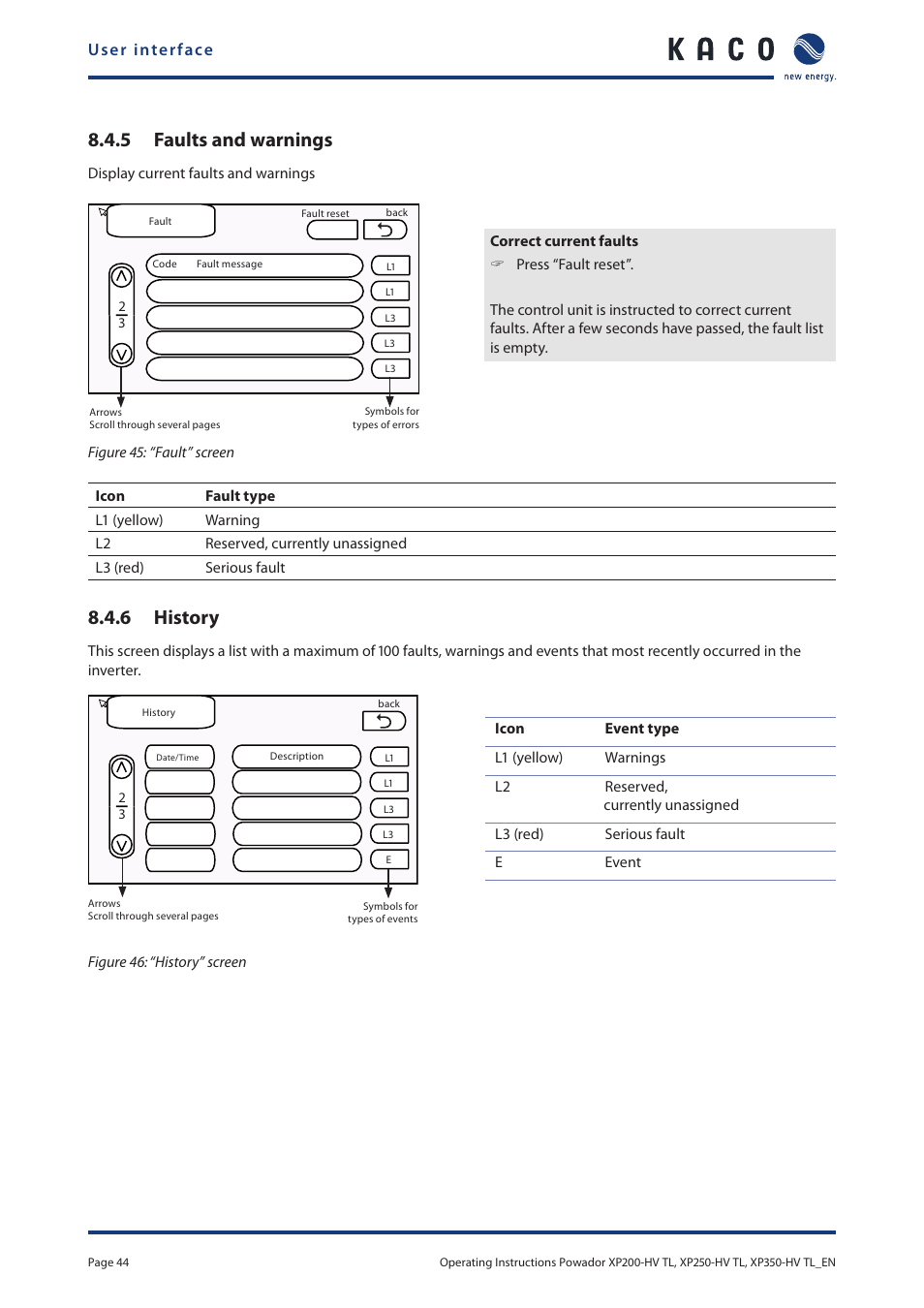 5 faults and warnings, 6 history | KACO Powador XP200-HV TL User Manual | Page 44 / 90