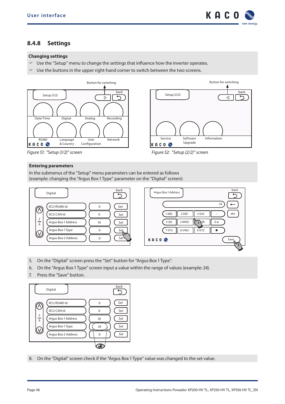 8 settings, User interface | KACO Powador XP200-HV TL User Manual | Page 46 / 90