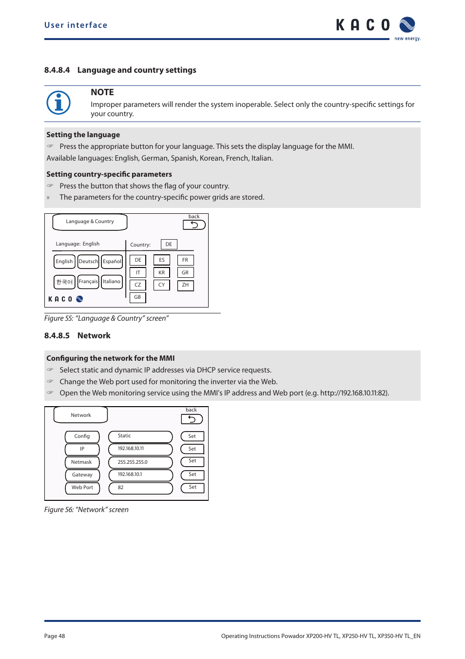 See section 8.4.8.5 on, User interface, 4 language and country settings | 5 network | KACO Powador XP200-HV TL User Manual | Page 48 / 90