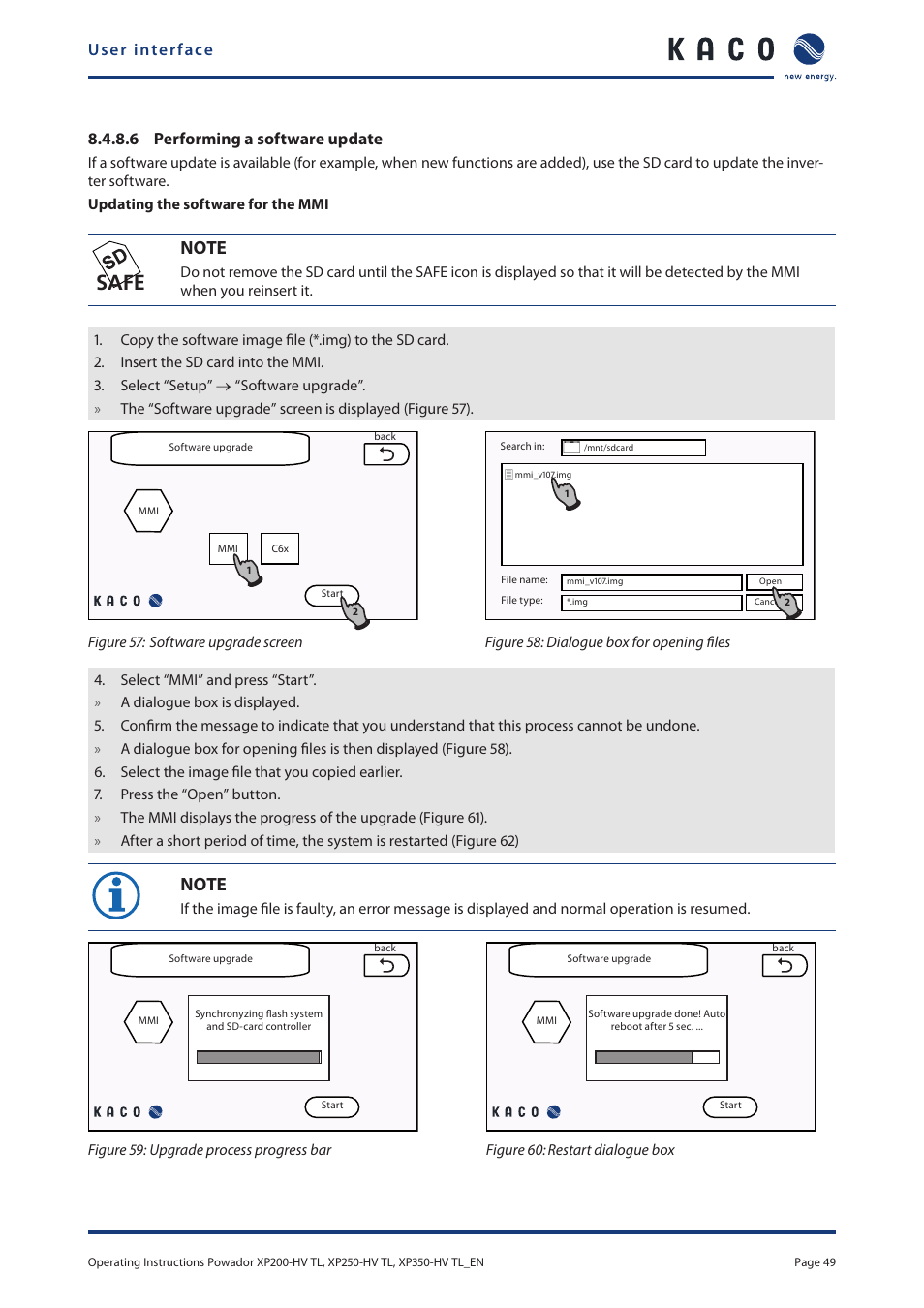 Safe, User interface, 6 performing a software update | KACO Powador XP200-HV TL User Manual | Page 49 / 90