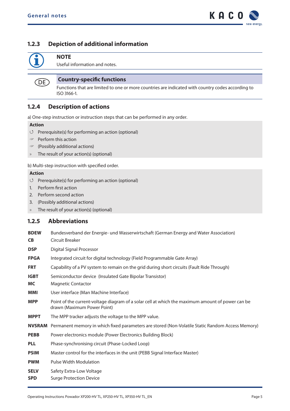 3 depiction of additional information, 4 description of actions, 5 abbreviations | KACO Powador XP200-HV TL User Manual | Page 5 / 90