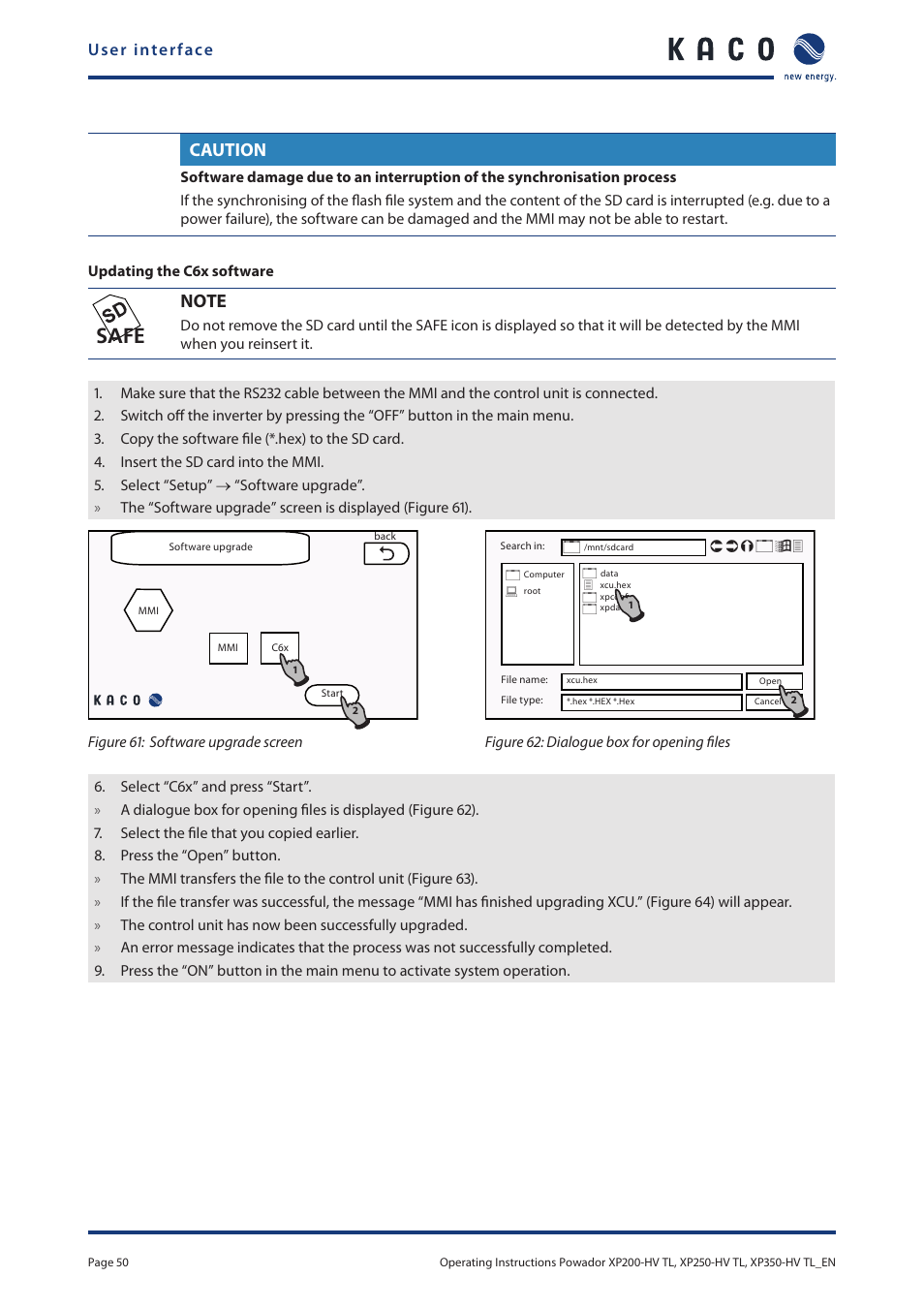 E (figure 61, Figure 62), Safe | Caution | KACO Powador XP200-HV TL User Manual | Page 50 / 90