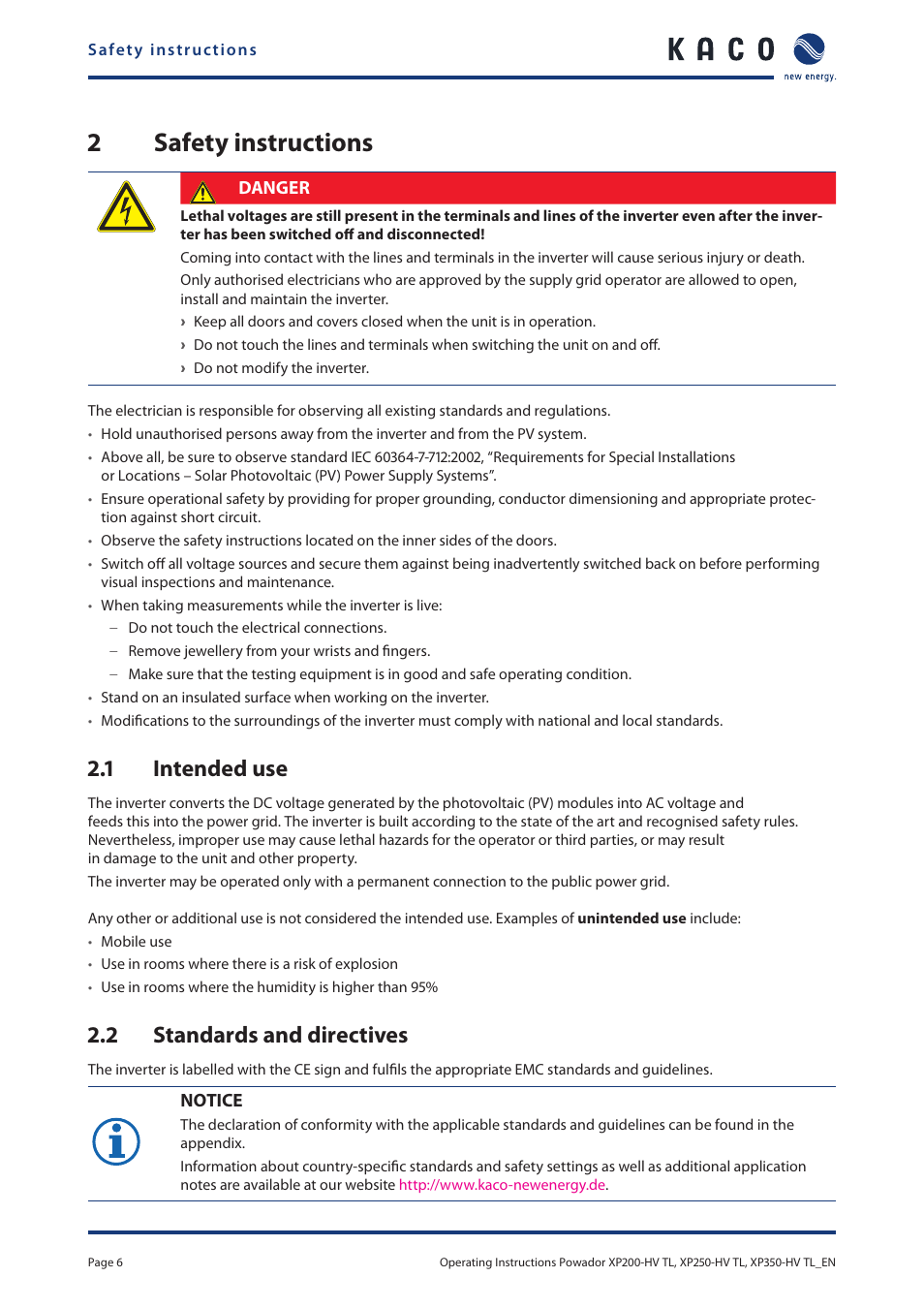 2 safety instructions, 1 intended use, 2 standards and directives | Safety instructions, Intended use, Standards and directives, 2safety instructions | KACO Powador XP200-HV TL User Manual | Page 6 / 90