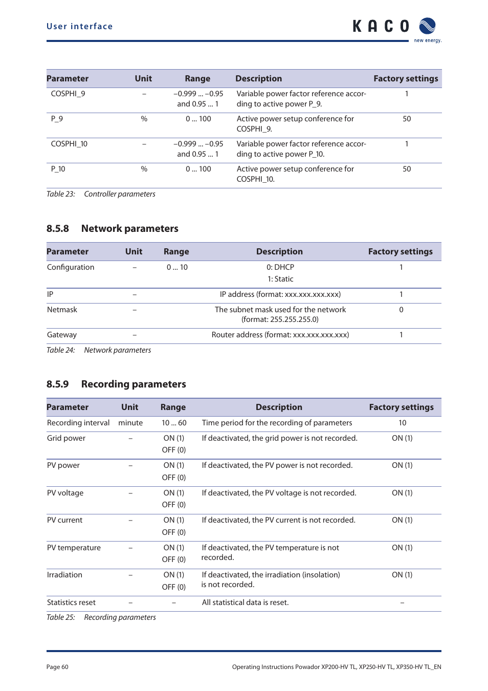 8 network parameters, 9 recording parameters | KACO Powador XP200-HV TL User Manual | Page 60 / 90