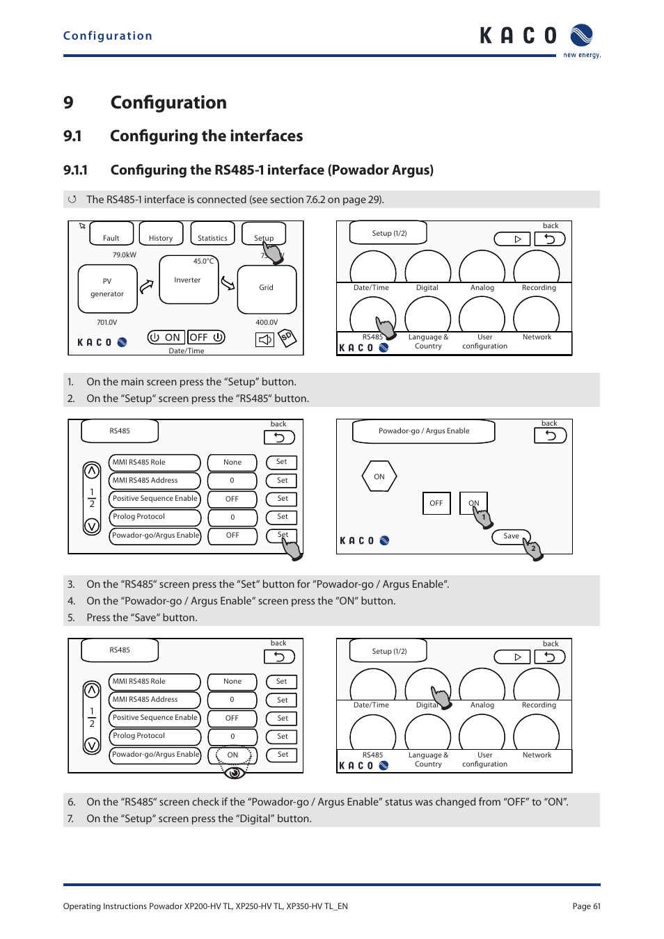 9 configuration, 1 configuring the interfaces, 9 configuration 9.1 | Configuring the interfaces, 9configuration, Configuration | KACO Powador XP200-HV TL User Manual | Page 61 / 90