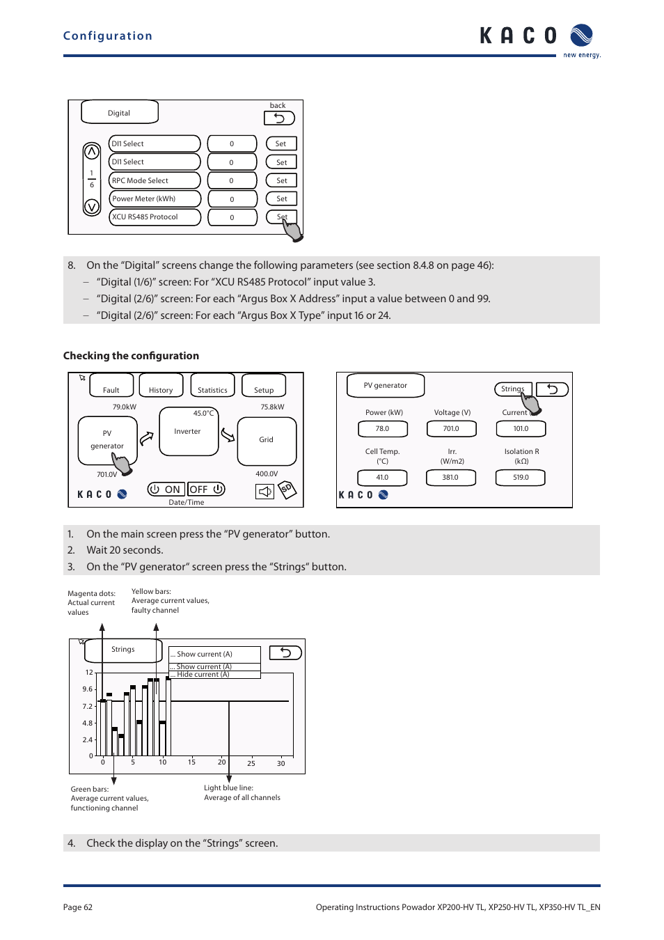 Configuration, Check the display on the “strings” screen | KACO Powador XP200-HV TL User Manual | Page 62 / 90