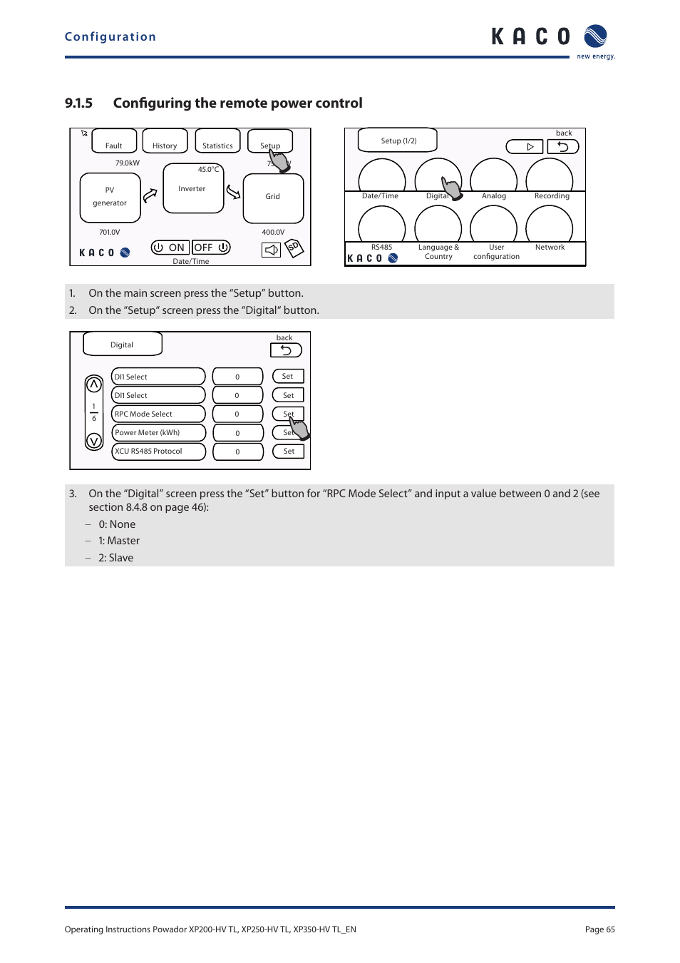 5 configuring the remote power control, Configuration | KACO Powador XP200-HV TL User Manual | Page 65 / 90