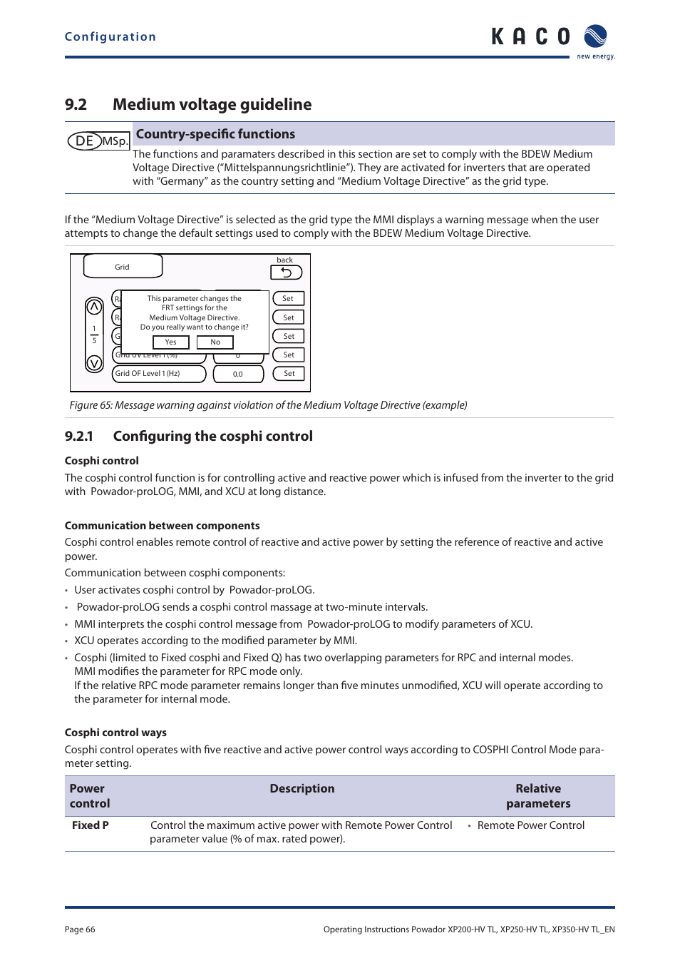 2 medium voltage guideline, Medium voltage guideline, 1 configuring the cosphi control | Country-specific functions | KACO Powador XP200-HV TL User Manual | Page 66 / 90