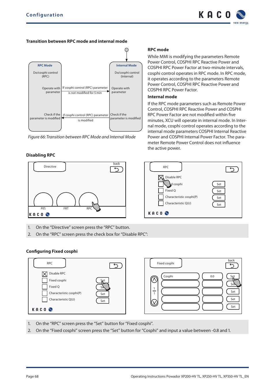 Configuration, Transition between rpc mode and internal mode | KACO Powador XP200-HV TL User Manual | Page 68 / 90