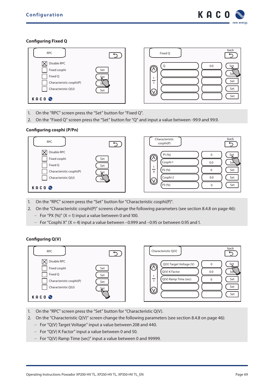 Configuration, Configuring fixed q | KACO Powador XP200-HV TL User Manual | Page 69 / 90