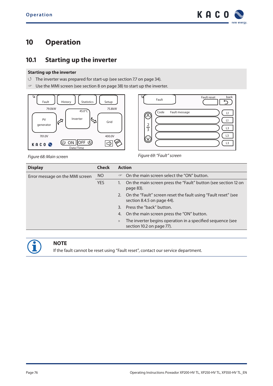 10 operation, 1 starting up the inverter, 10 operation 10.1 starting up the inverter | KACO Powador XP200-HV TL User Manual | Page 76 / 90