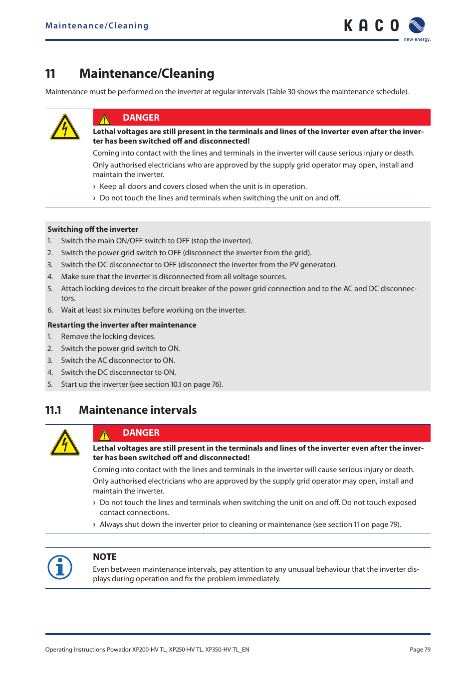 11 maintenance/cleaning, 1 maintenance intervals, 11 maintenance/cleaning 11.1 | Maintenance intervals | KACO Powador XP200-HV TL User Manual | Page 79 / 90