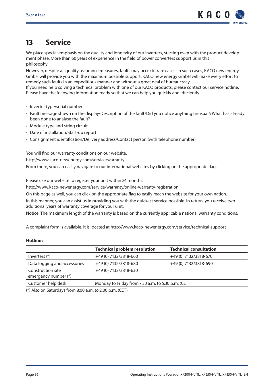 13 service | KACO Powador XP200-HV TL User Manual | Page 86 / 90