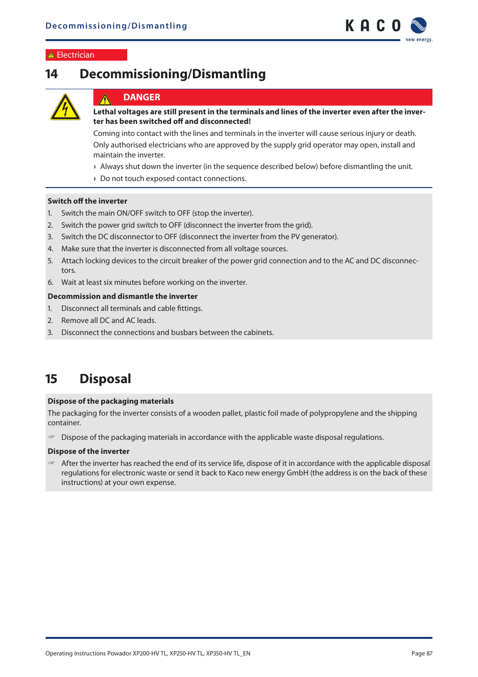 14 decommissioning/dismantling, 15 disposal, 14 decommissioning/dismantling 15 disposal | KACO Powador XP200-HV TL User Manual | Page 87 / 90