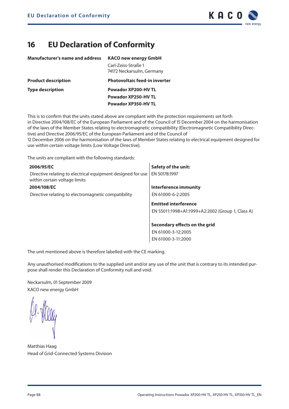 16 eu declaration of conformity, Eu declaration of conformity | KACO Powador XP200-HV TL User Manual | Page 88 / 90