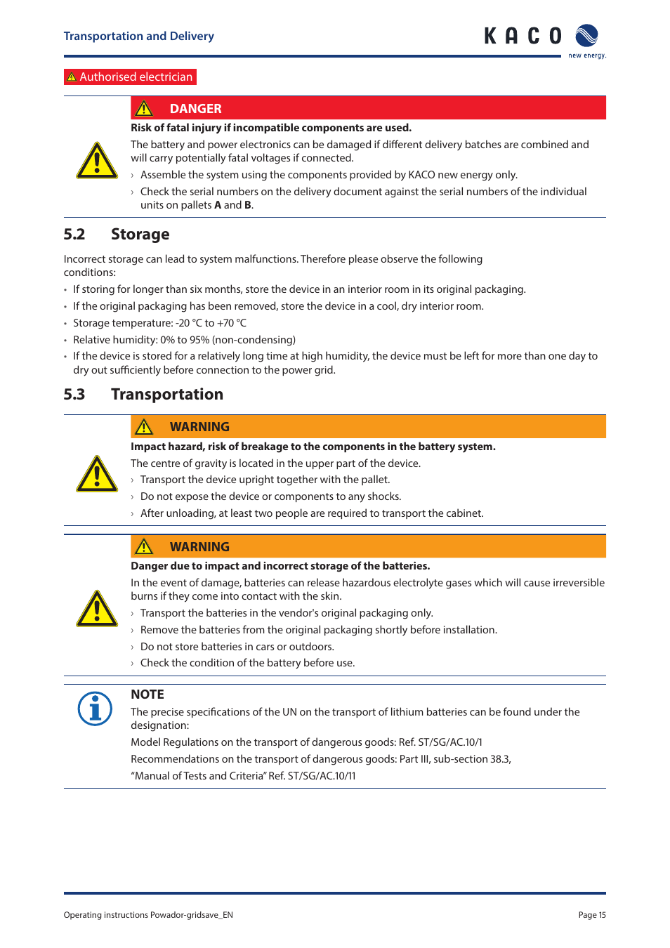 2 storage, 3 transportation, 2 storage 5.3 transportation | KACO Powador-gridsave User Manual | Page 15 / 40