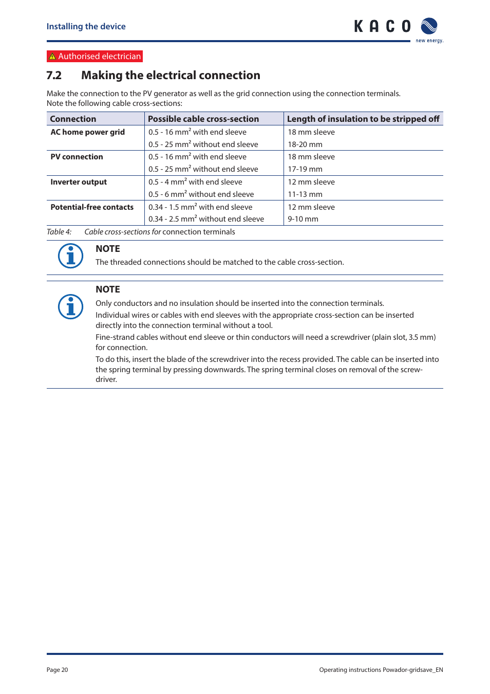 2 making the electrical connection, Making the electrical connection | KACO Powador-gridsave User Manual | Page 20 / 40