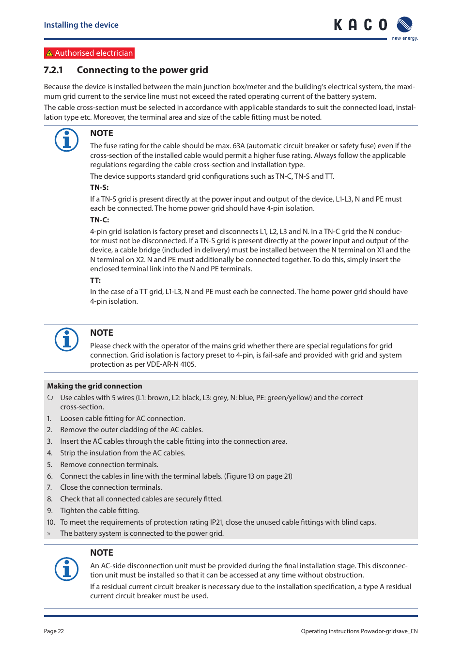 1 connecting to the power grid | KACO Powador-gridsave User Manual | Page 22 / 40