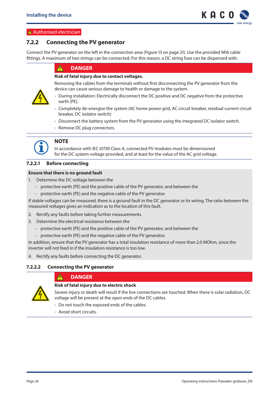 2 connecting the pv generator | KACO Powador-gridsave User Manual | Page 24 / 40