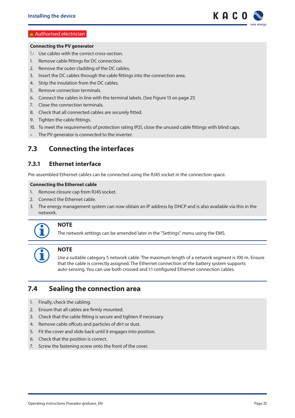 3 connecting the interfaces, 4 sealing the connection area, Connecting the interfaces | Sealing the connection area | KACO Powador-gridsave User Manual | Page 25 / 40