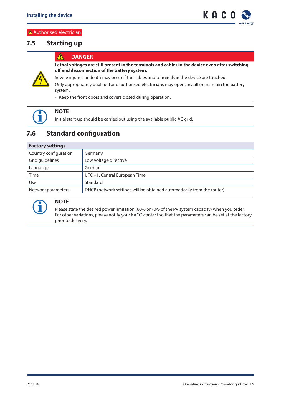 5 starting up, 6 standard configuration, Starting up | Standard configuration | KACO Powador-gridsave User Manual | Page 26 / 40