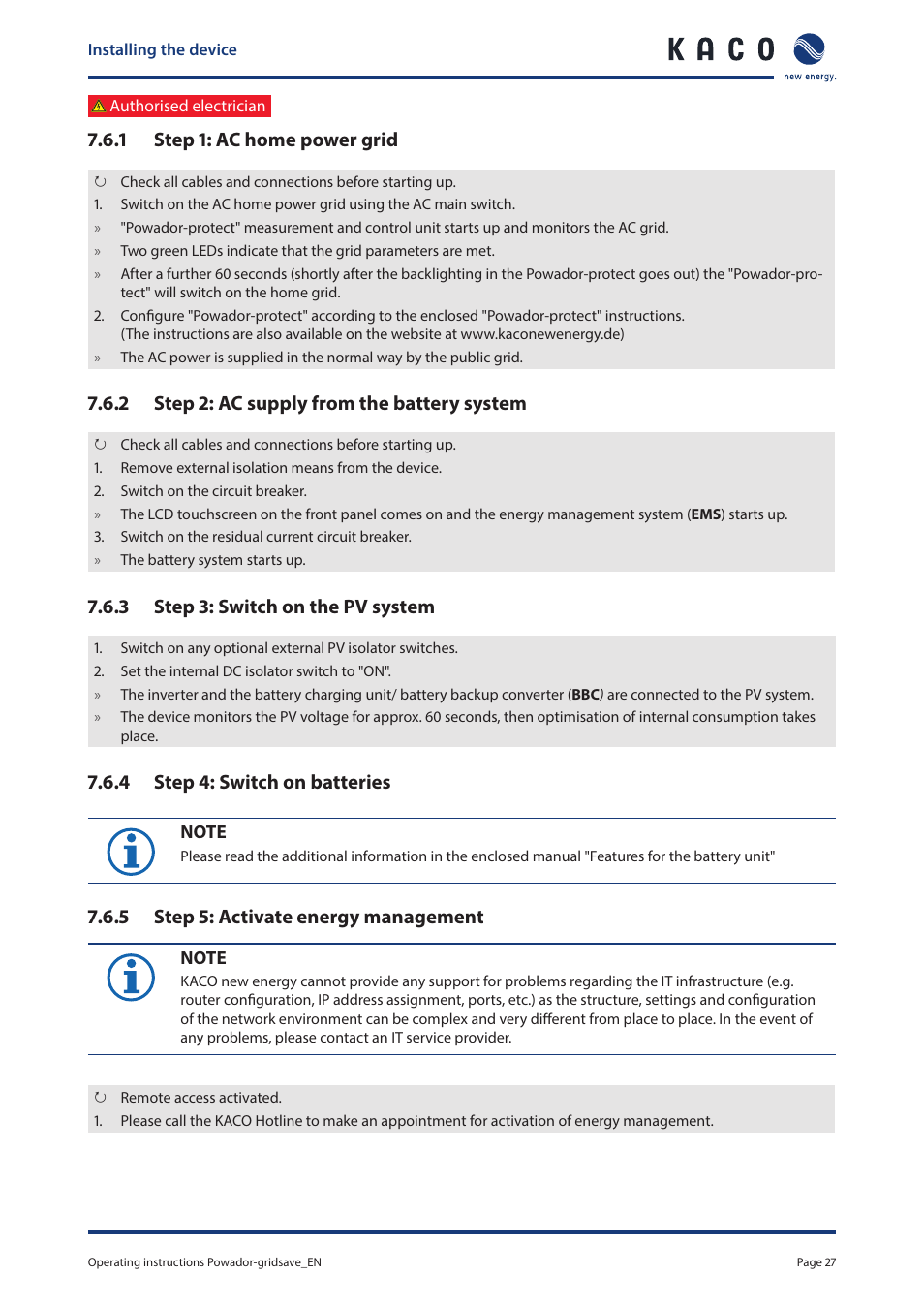 1 step 1: ac home power grid, 2 step 2: ac supply from the battery system, 3 step 3: switch on the pv system | 4 step 4: switch on batteries, 5 step 5: activate energy management | KACO Powador-gridsave User Manual | Page 27 / 40