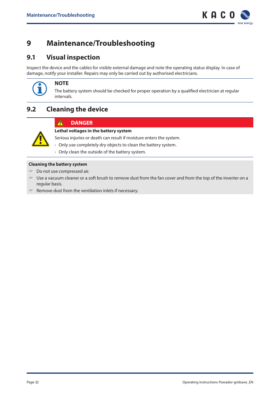 9 maintenance/troubleshooting, 1 visual inspection, 2 cleaning the device | 9 maintenance/troubleshooting 9.1, Visual inspection, Cleaning the device, 9maintenance/troubleshooting | KACO Powador-gridsave User Manual | Page 32 / 40