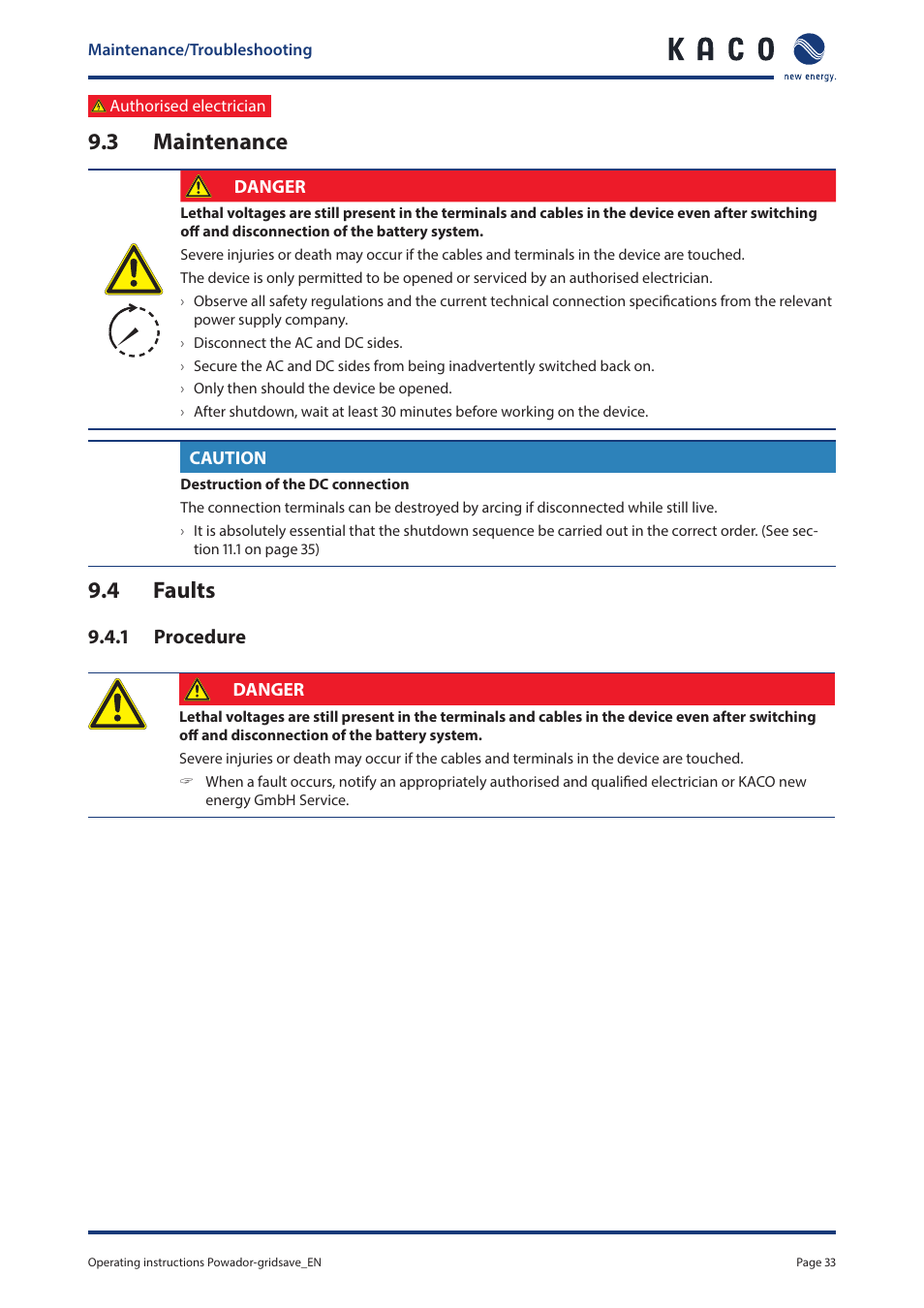 3 maintenance, 4 faults, 3 maintenance 9.4 faults | KACO Powador-gridsave User Manual | Page 33 / 40