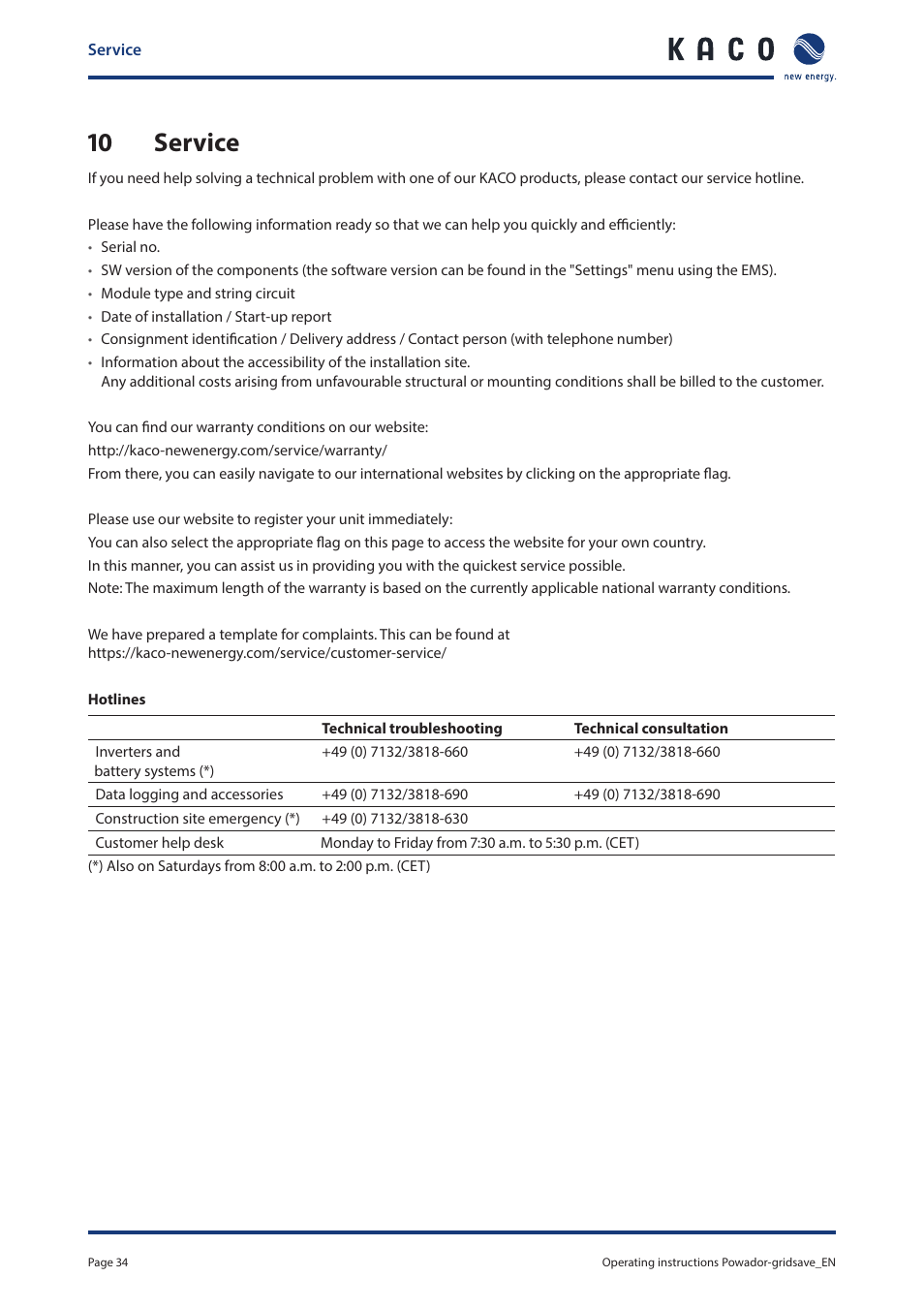 10 service | KACO Powador-gridsave User Manual | Page 34 / 40