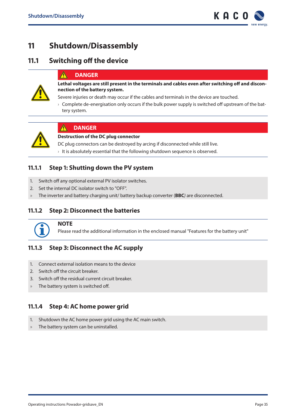 11 shutdown/disassembly, 1 switching off the device, 11 shutdown/disassembly 11.1 | Switching off the device | KACO Powador-gridsave User Manual | Page 35 / 40