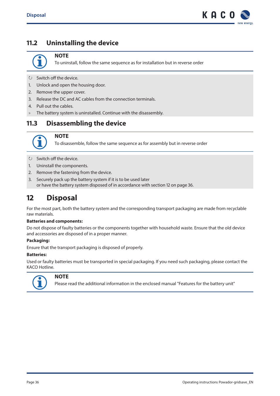 2 uninstalling the device, 3 disassembling the device, 12 disposal | KACO Powador-gridsave User Manual | Page 36 / 40