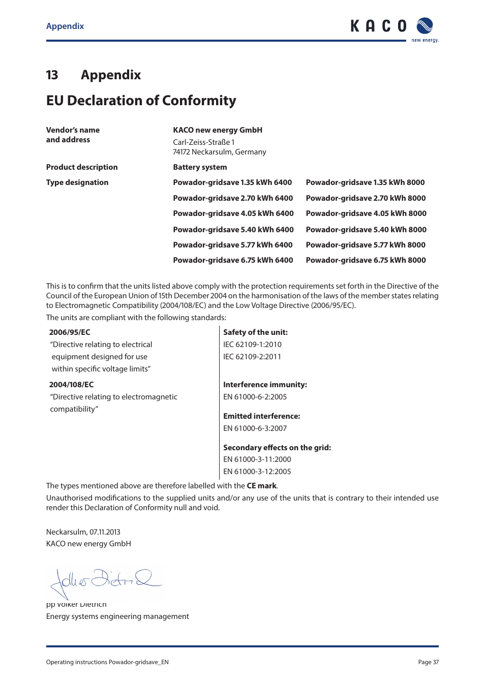 13 appendix, Eu declaration of conformity | KACO Powador-gridsave User Manual | Page 37 / 40