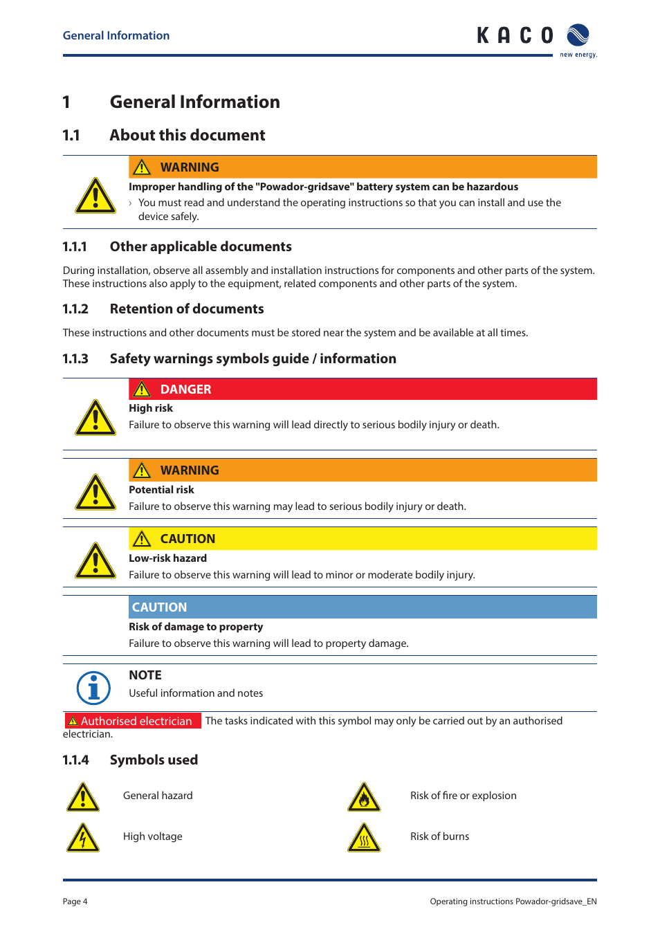 1 general information, 1 about this document, General information | About this document, 1general information | KACO Powador-gridsave User Manual | Page 4 / 40