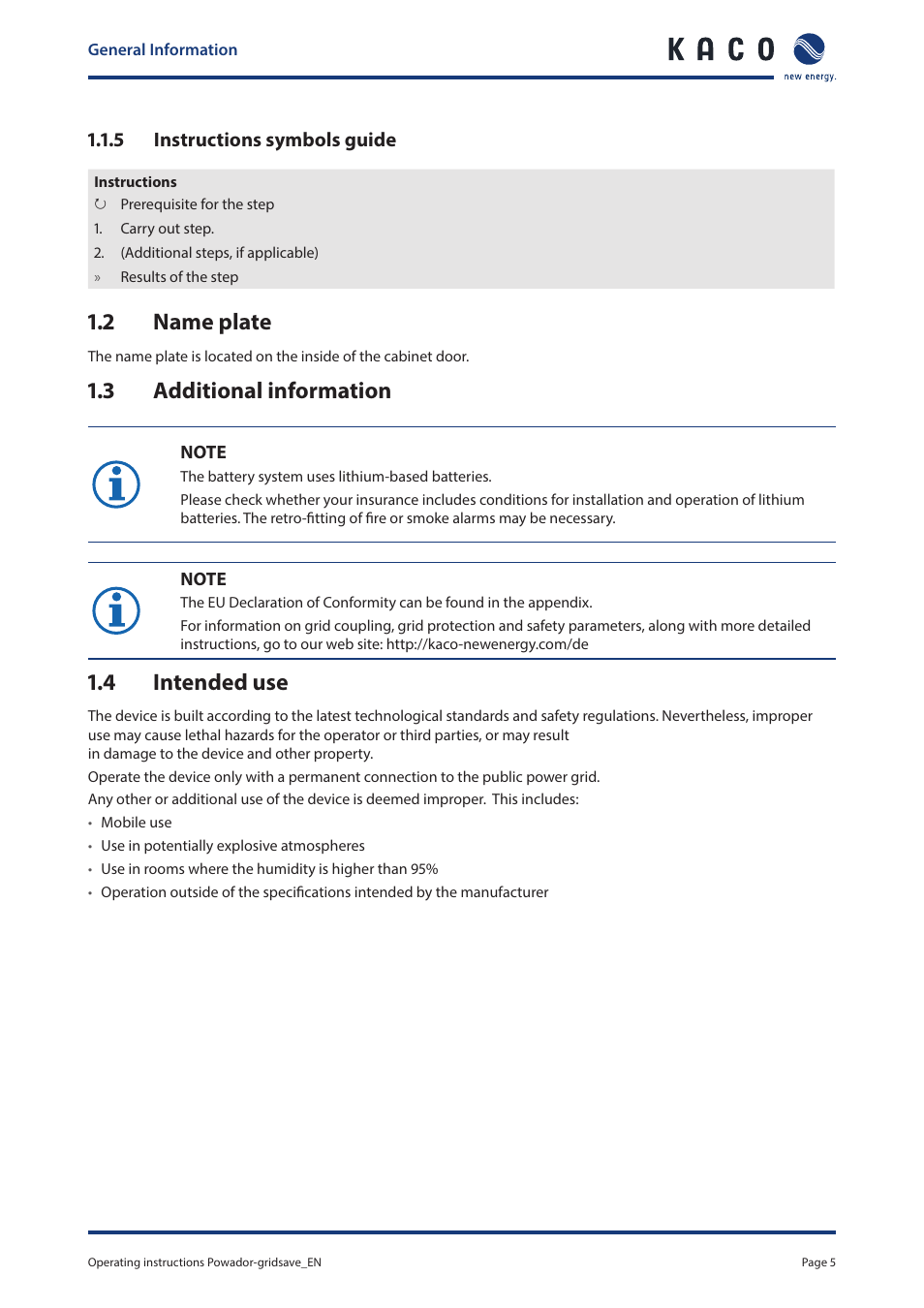 2 name plate, 3 additional information, 4 intended use | Name plate, Additional information, Intended use | KACO Powador-gridsave User Manual | Page 5 / 40