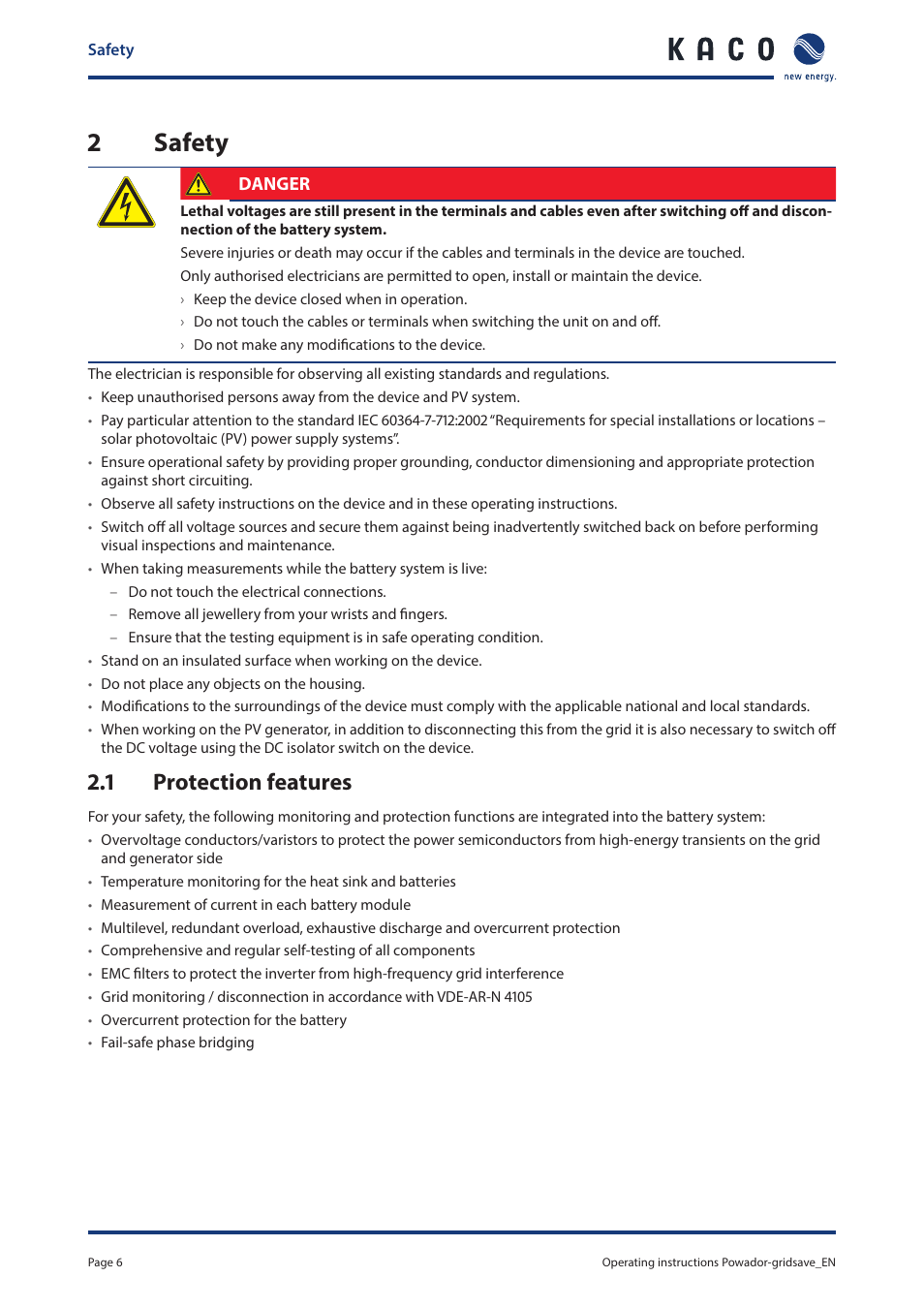 2 safety, 1 protection features, 2 safety 2.1 | Protection features, 2safety | KACO Powador-gridsave User Manual | Page 6 / 40