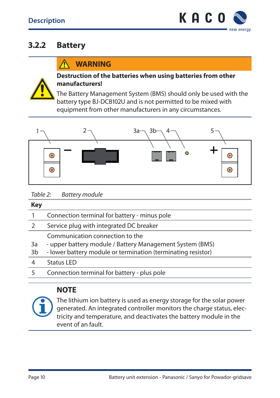 2 battery, Warning | KACO Powador-gridsave User Manual | Page 10 / 24