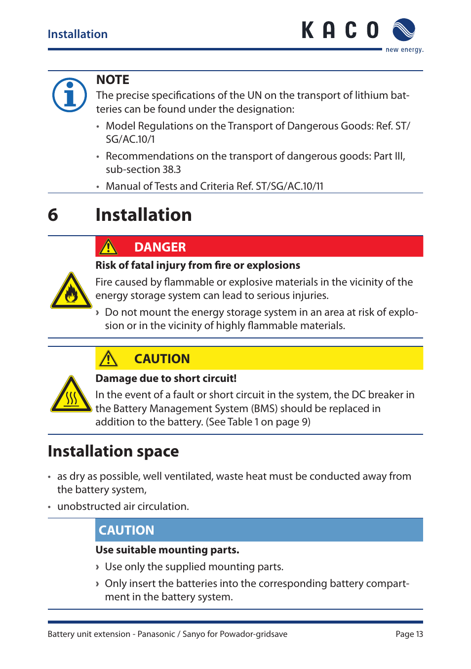6 installation, 6installation, Installation space | Danger, Caution | KACO Powador-gridsave User Manual | Page 13 / 24