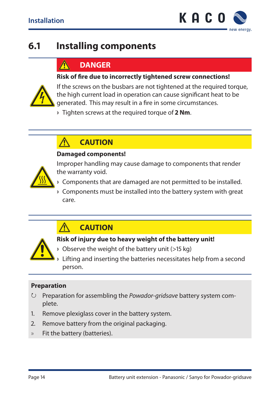 1 installing components, Installing components, Danger | Caution | KACO Powador-gridsave User Manual | Page 14 / 24