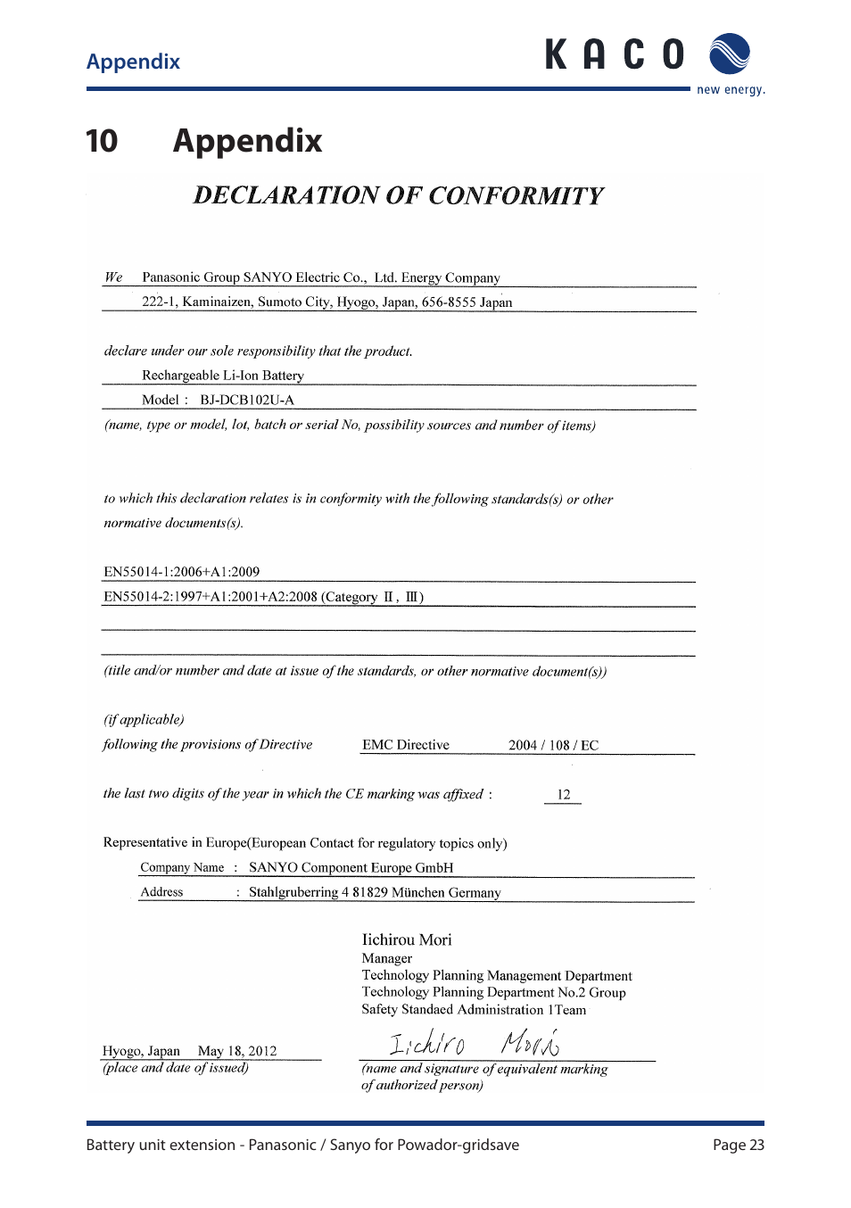 10 appendix, 1 manufacturer’s declaration, 10 appendix 10.1 manufacturer’s declaration | KACO Powador-gridsave User Manual | Page 23 / 24