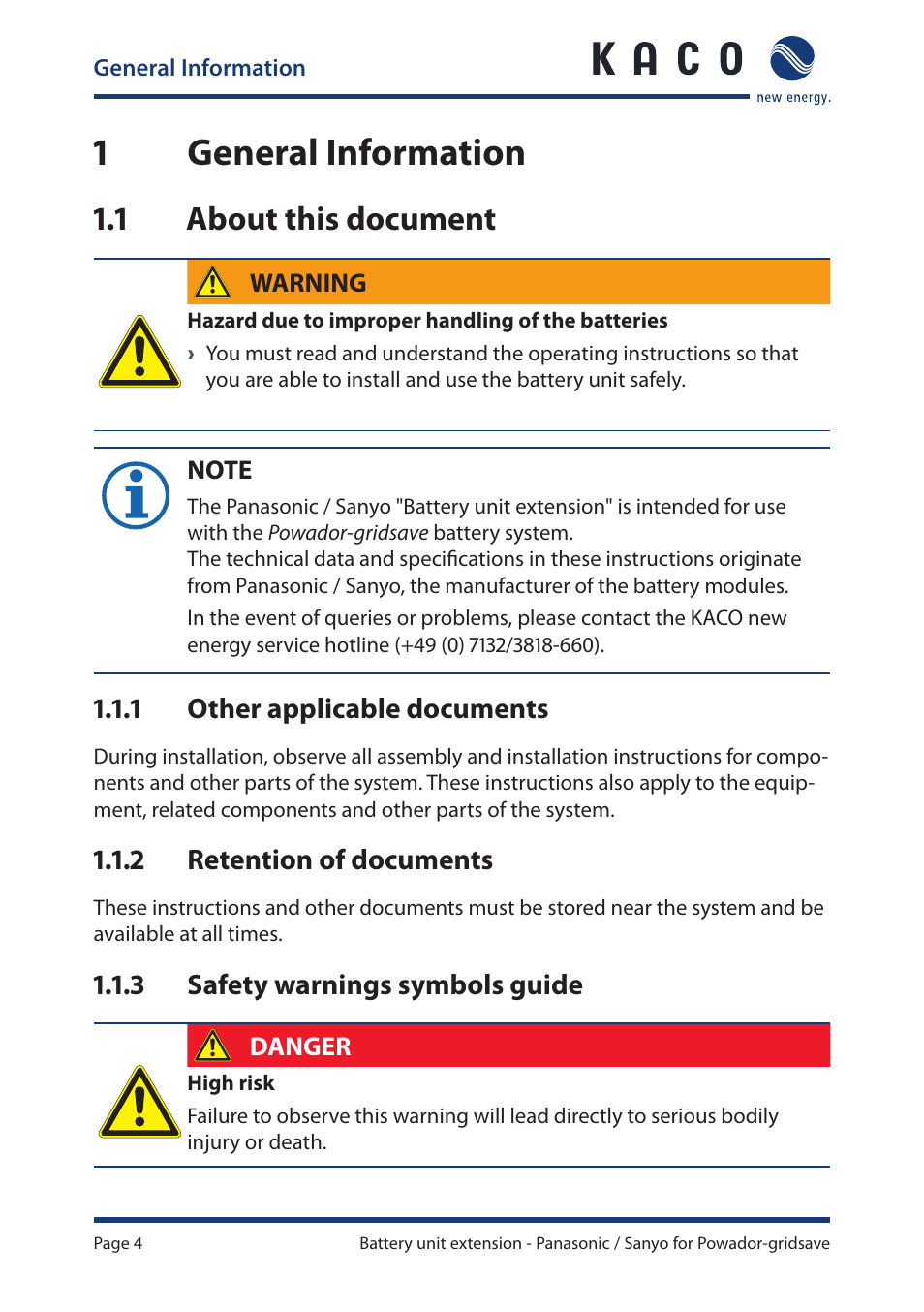 1 general information, 1 about this document, General information | About this document, 1general information, 1 other applicable documents, 2 retention of documents, 3 safety warnings symbols guide | KACO Powador-gridsave User Manual | Page 4 / 24