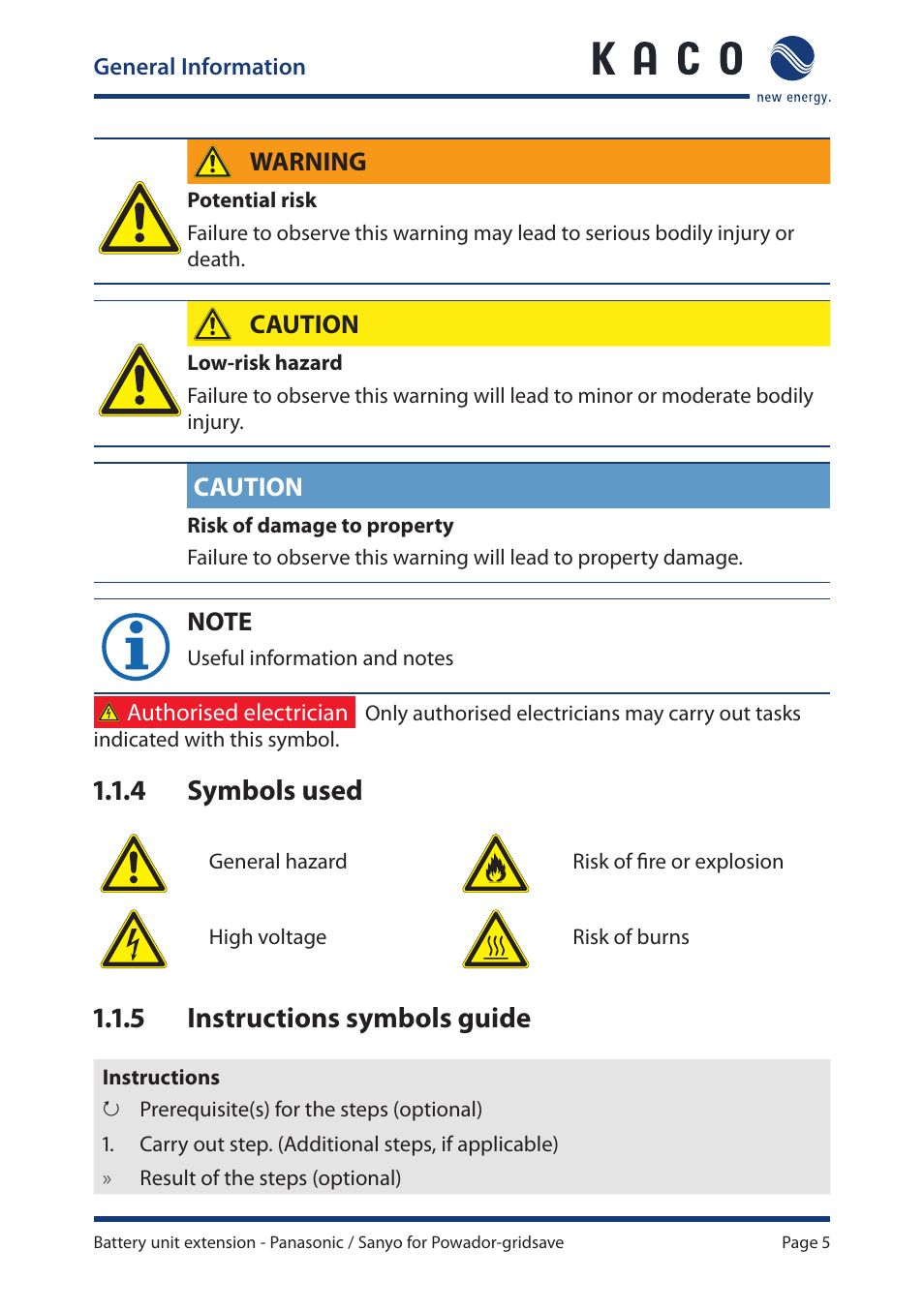 4 symbols used, 5 instructions symbols guide, Warning | Caution | KACO Powador-gridsave User Manual | Page 5 / 24