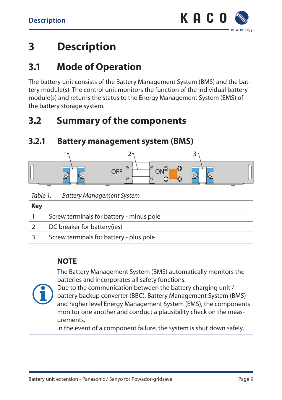 3 description, 1 mode of operation, 2 summary of the components | 3 description 3.1, Mode of operation, Summary of the components, 3description, 1 battery management system (bms) | KACO Powador-gridsave User Manual | Page 9 / 24