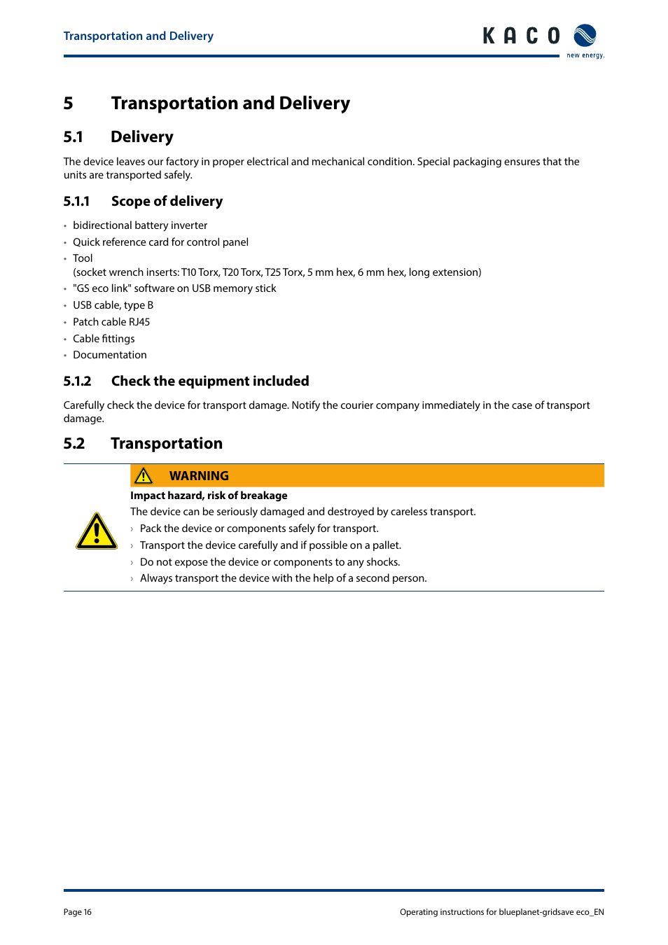 5transportation and delivery, 1 delivery, 2 transportation | KACO blueplanet gridsave eco 5.0 TR1 User Manual | Page 16 / 46