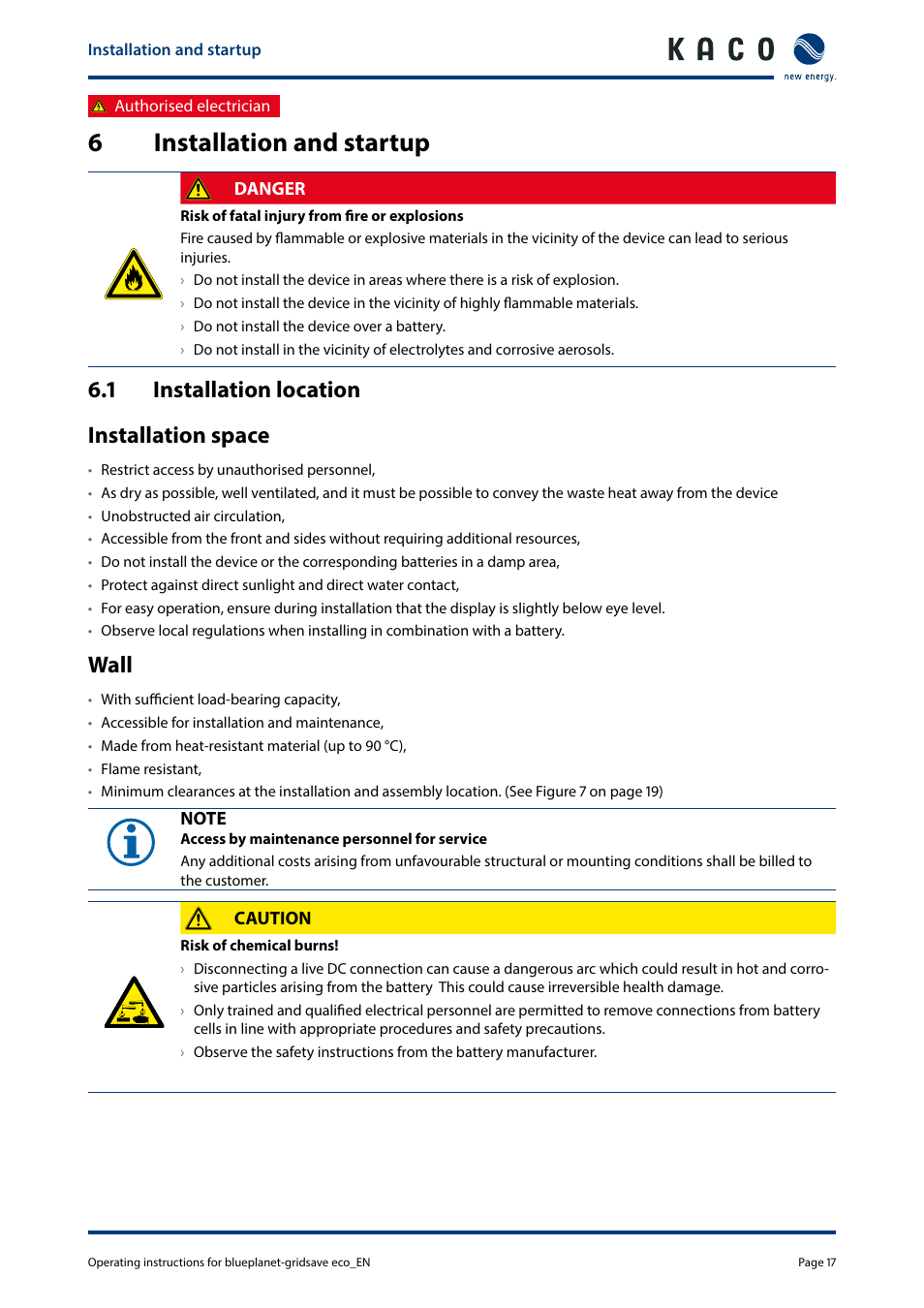 6installation and startup, 1 installation location installation space, Wall | KACO blueplanet gridsave eco 5.0 TR1 User Manual | Page 17 / 46