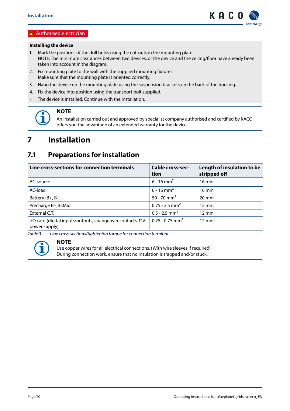 7installation, 1 preparations for installation | KACO blueplanet gridsave eco 5.0 TR1 User Manual | Page 20 / 46