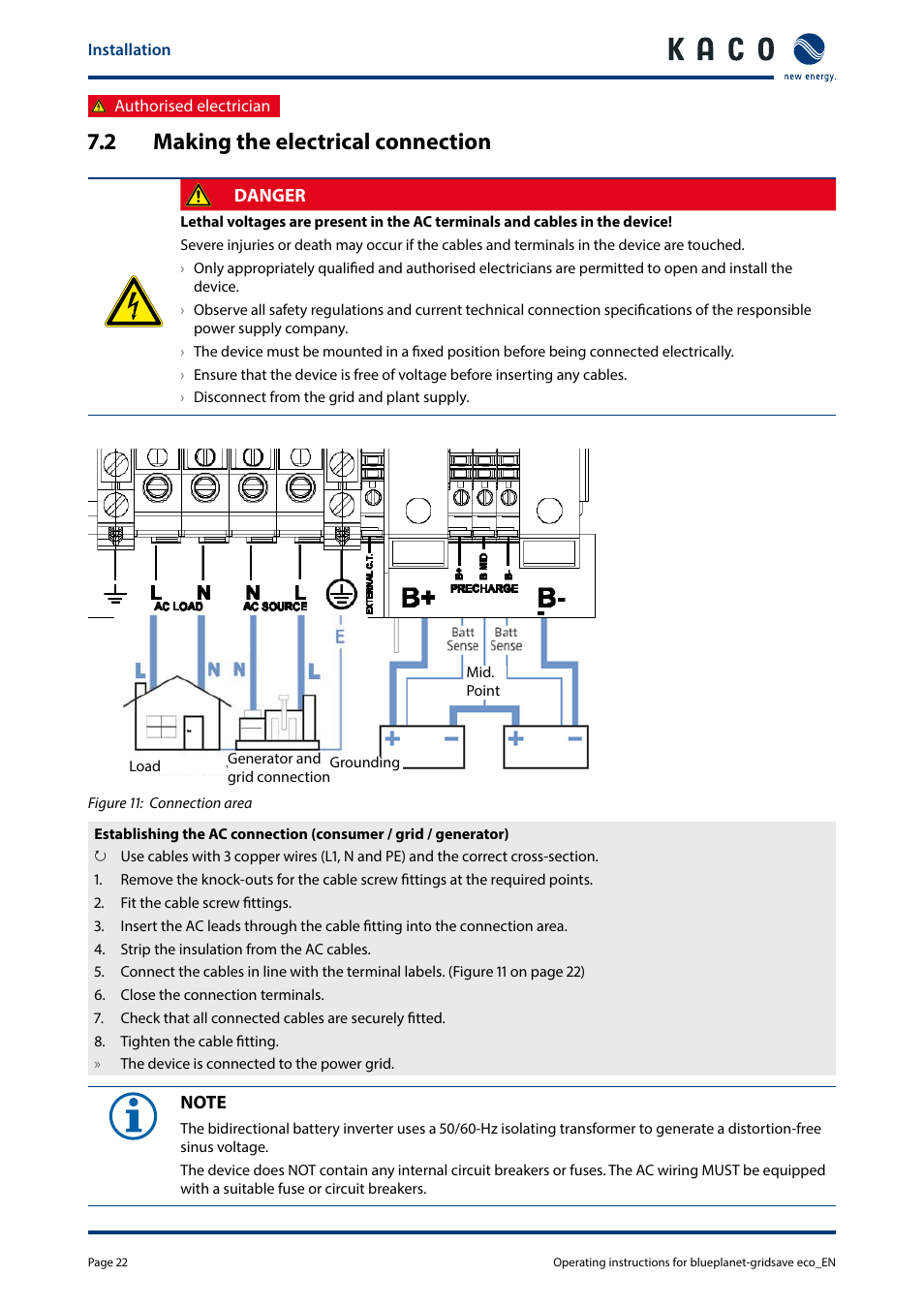 2 making the electrical connection | KACO blueplanet gridsave eco 5.0 TR1 User Manual | Page 22 / 46