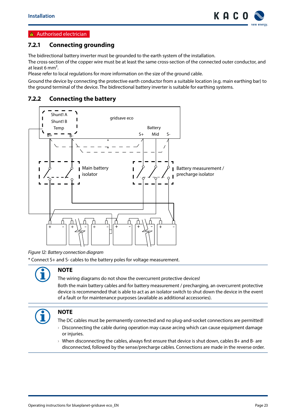 1 connecting grounding, 2 connecting the battery | KACO blueplanet gridsave eco 5.0 TR1 User Manual | Page 23 / 46