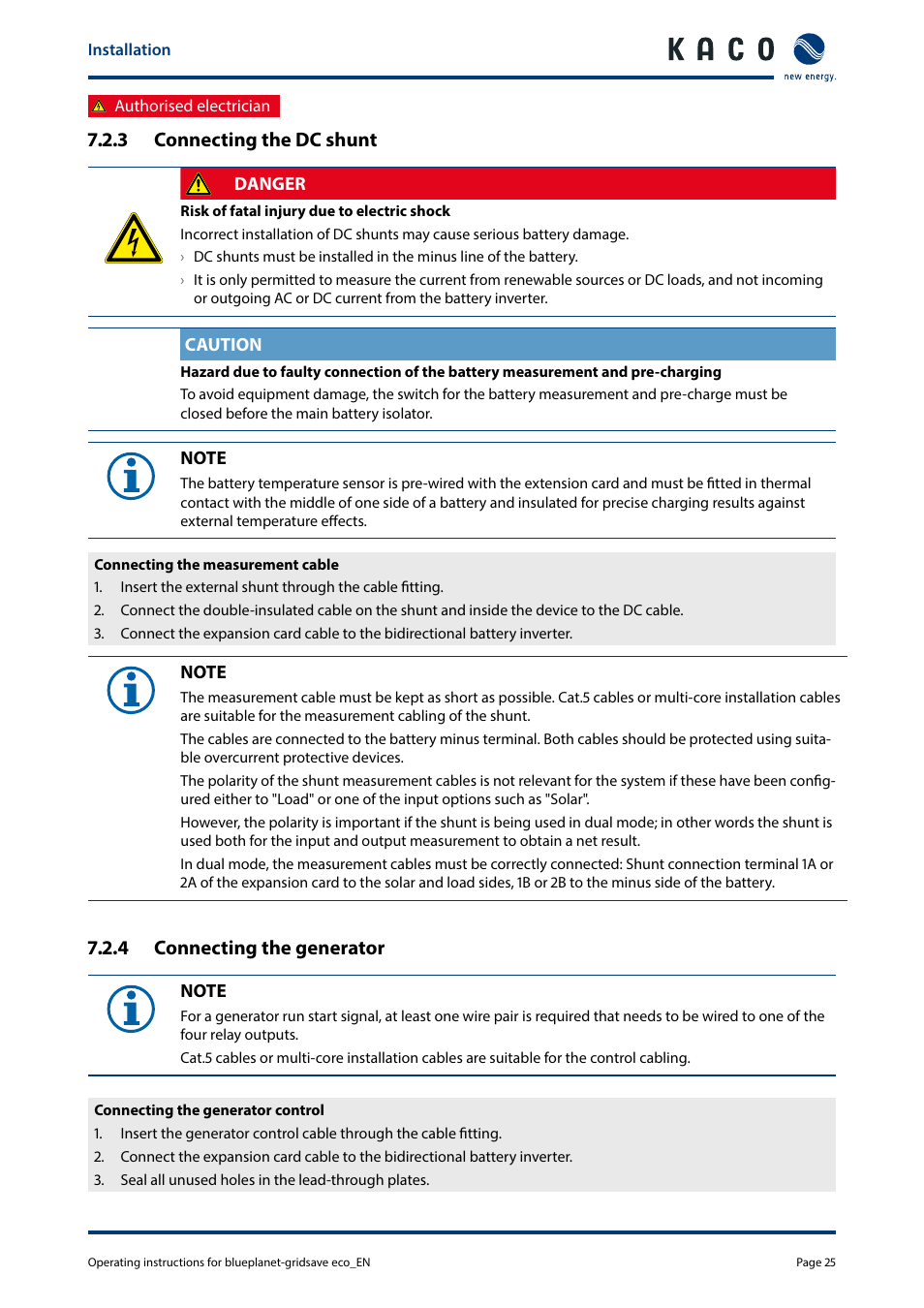 3 connecting the dc shunt, 4 connecting the generator | KACO blueplanet gridsave eco 5.0 TR1 User Manual | Page 25 / 46